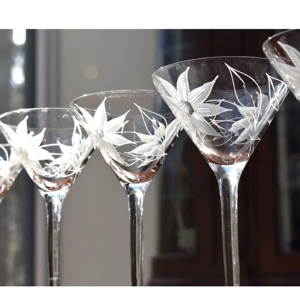 Set of 6 Hand-Blown & Etched Water Goblets – UNK257 Pattern